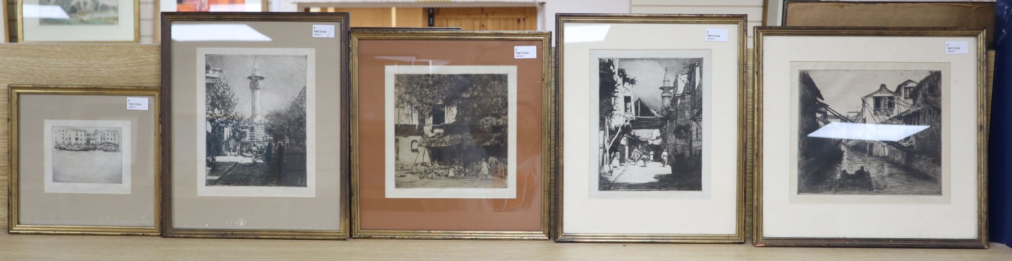 After Mortimer Luddington Menpes (1855-1938), a group of five framed monochrome etchings with drypoint, 21.5 x 24.5cm (largest)